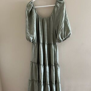 Tiered Sage Puff Sleeve Midi Dress